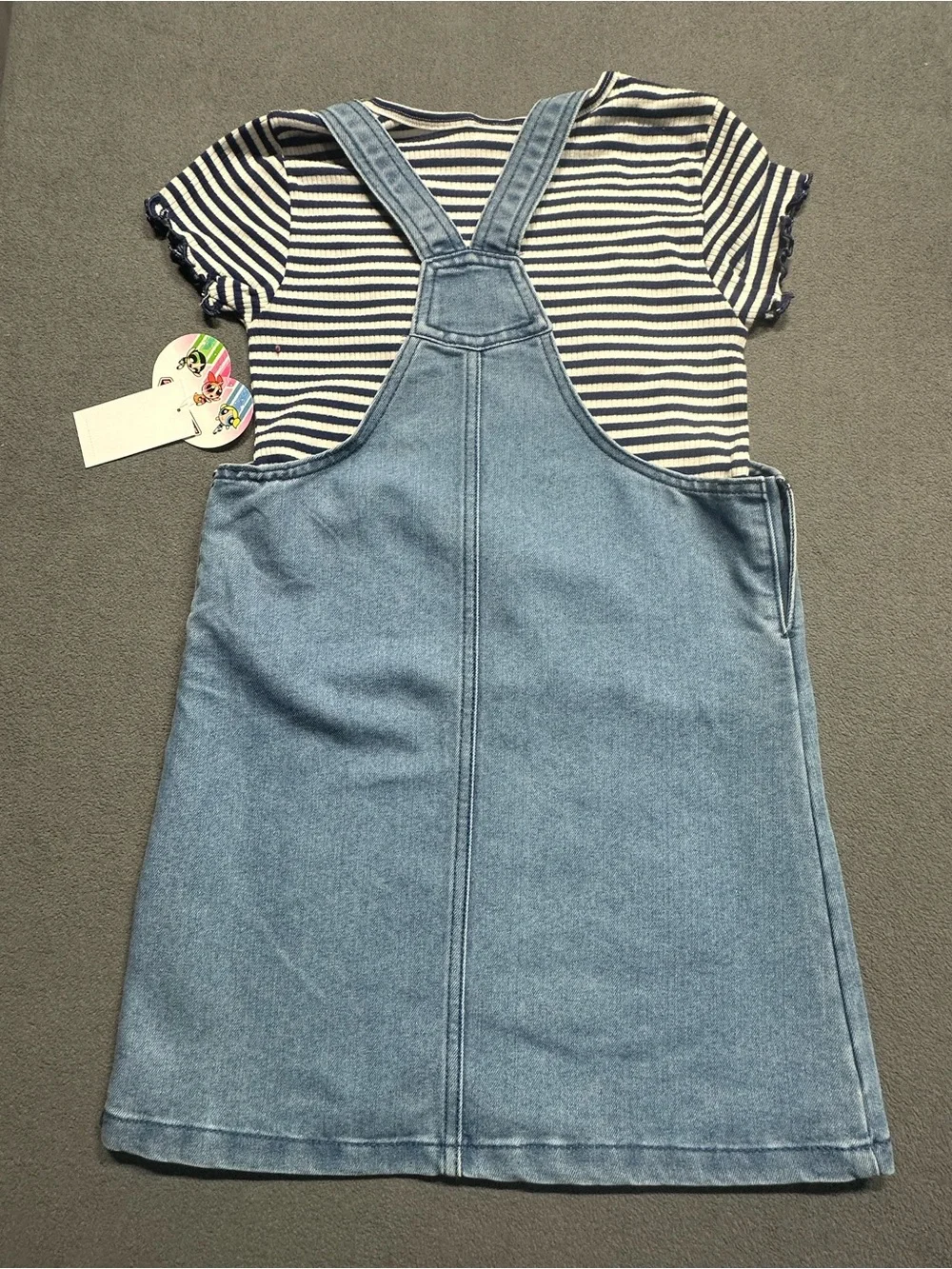 Blue Denim Girls' Overall Dress with Striped Tee — Powerpuff Patch Design